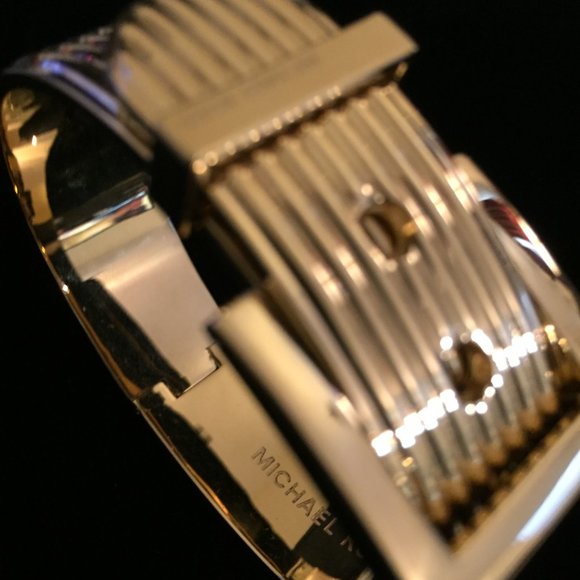 Michael Kors Textured Gold Tone Buckle Hinged Bangle Bracelet - Picture 2 of 6